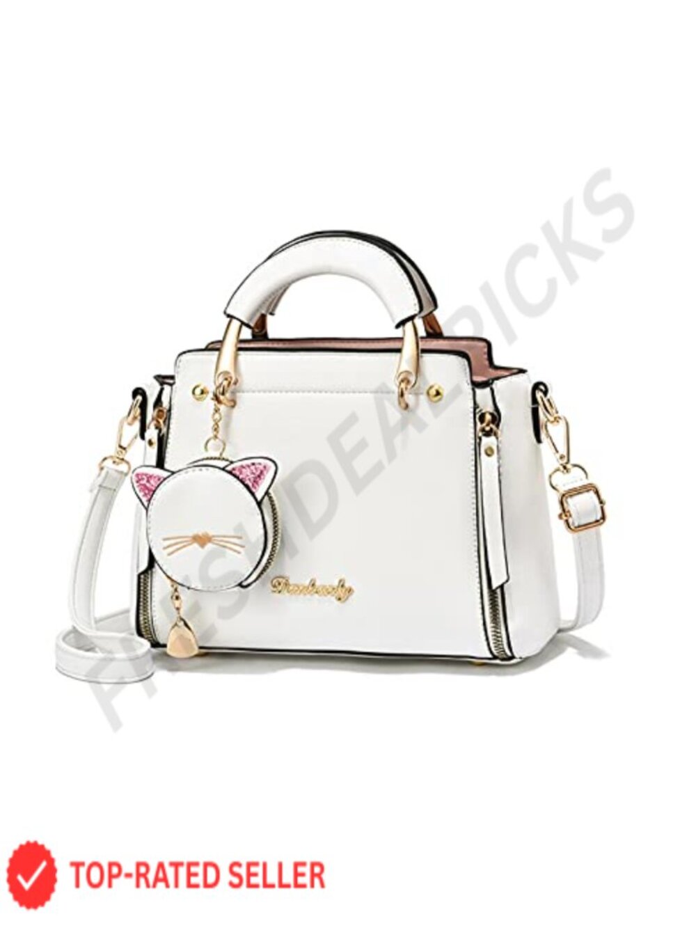 PU Leather Satchel Handbag with Detachable Strap and Cat Coin Purse